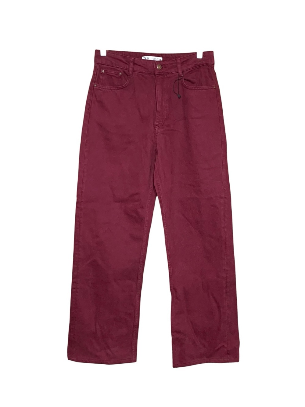 Zara Wide-Leg Jeans Burgundy Sz 8 Straight High-Rise Denim